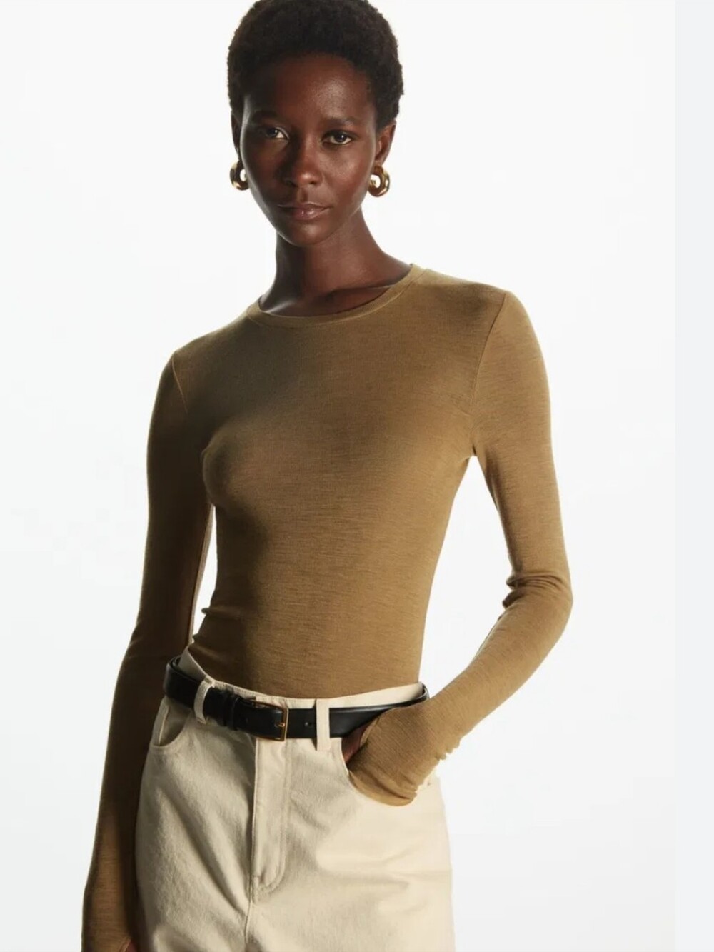 COS Crewneck Merino Wool Long Sleeve Top Camel Brown / Tan Elevated Basic XS